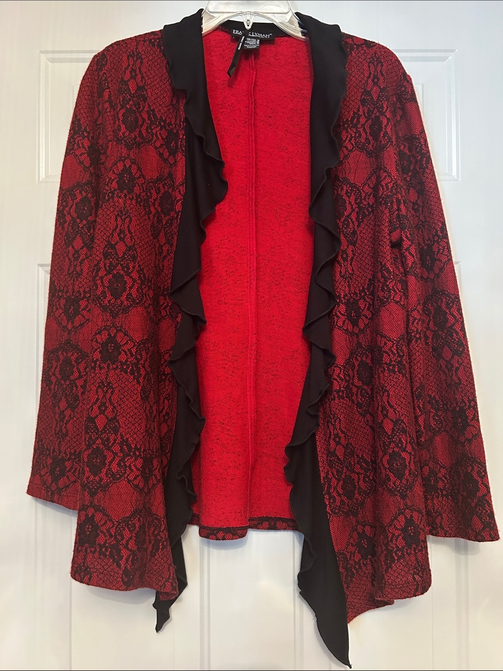 Frank Lyman Lace-Print Wool Draped Ruffle Open Cardigan 16 Red Black Lagenlook